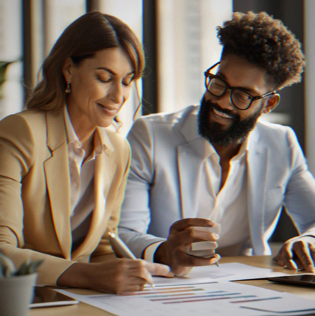 CMO and sales director reviewing aligned messaging framework on a shared document with channel-specific variations highlighted