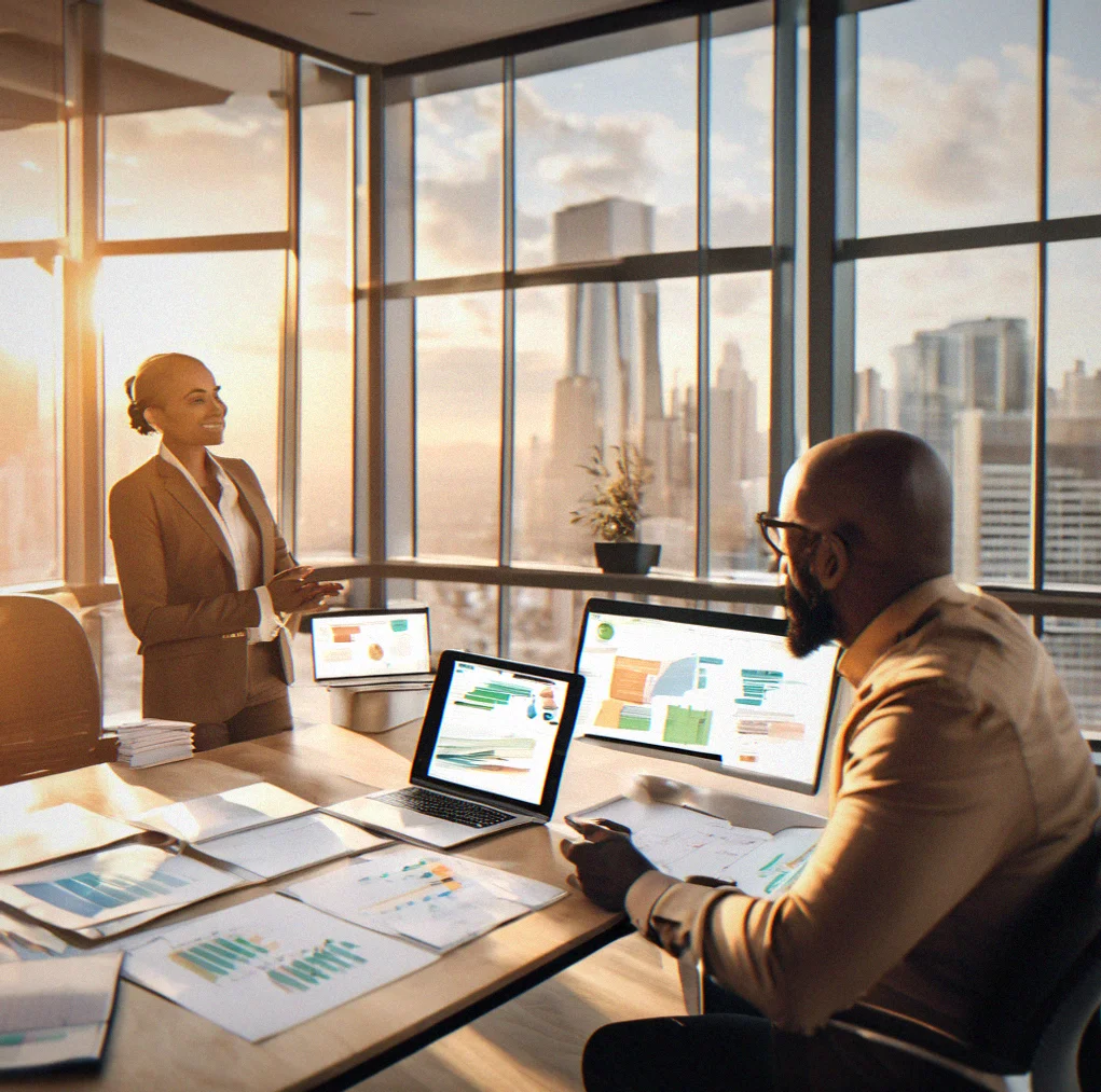 Founder and CMO sitting in a conference room going over the quarterly digital strategy roadmap with revenue targets and channel priorities laid out